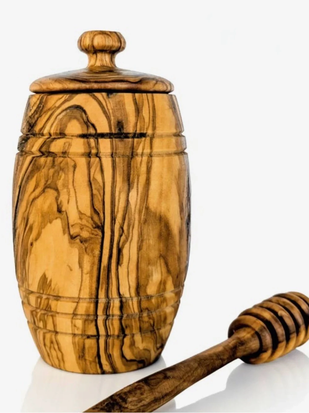 Handcrafted Olive Wood Honey Jar and Dipper - Natural Brown 6.5” x 3,5”